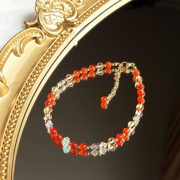 

anklets lii ji natural stone 4mm carnelian citrine 14k gold filled beaded anklet 20+3cm crystal handmade jewelry for women gift, Red;blue