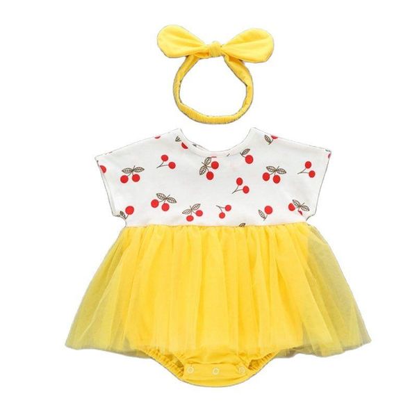 

girl's dresses baby triangle romper born girl summer clothing headband short sleeve cherry infant sweet dress print mini skirt, Red;yellow