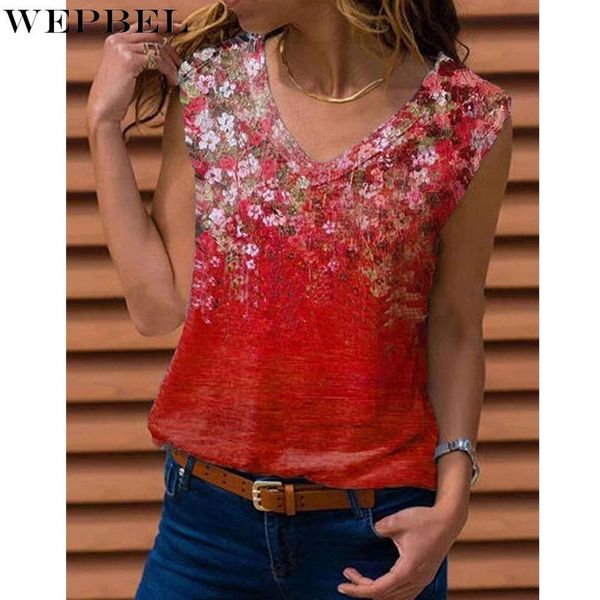 

women's t-shirt wepbel vest casual v-neck loose summer fashion printed pullover sleeveless, White