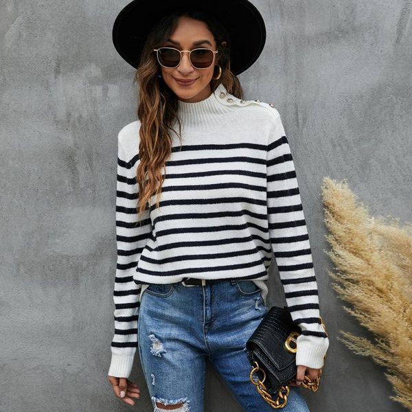 

women's sweaters luoyiyang casual knitted sweater long sleeve loose fashion striped stand-up collar autumn for women, White;black