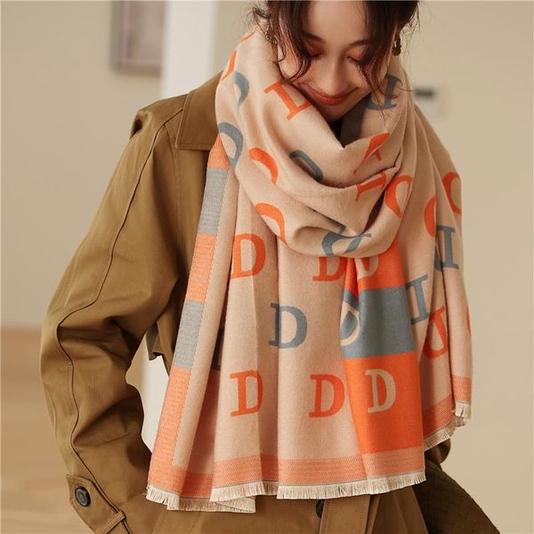 

scarves thick double sided warm scarf hijab for women print letter winter blanket cashmere pashmina headband wraps bufanda 2021 design, Blue;gray
