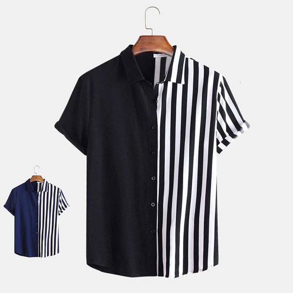 

2021new summer 2020 lapel short sleeve two color stripe printed casual men's shirt, White;black