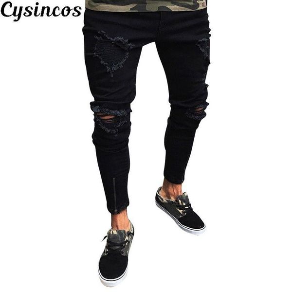 

men's pants cysincos men cool designer brand black jeans skinny ripped destroyed stretch slim fit hop with holes male jens