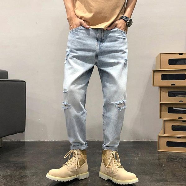 

men's jeans summer light blue loose men ankle-length pants straight ripped lightweight casual denim