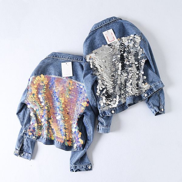 

2021 spring new jacket women sequins splice denim girls students high street party short jeans coats female 24 difz, Black;brown