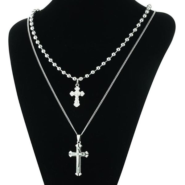 

pendant necklaces 2pcs women knight cross for men stainless steel silver color beads long statement jewelry nc205