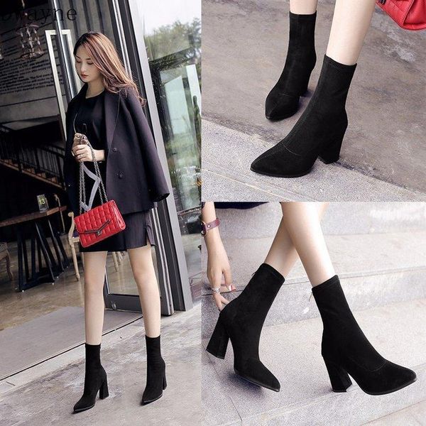 

boots fashion wild short thick with elastic high-heeled pointed head in the british wind, Black