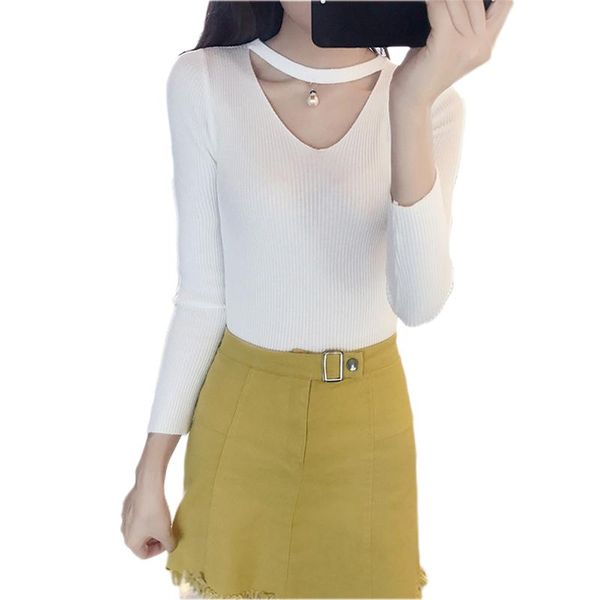 

women's sweaters qrwr 2021 women autumn korean v neck long sleeve knitted pullover elegant slim fit solid color sweater, White;black