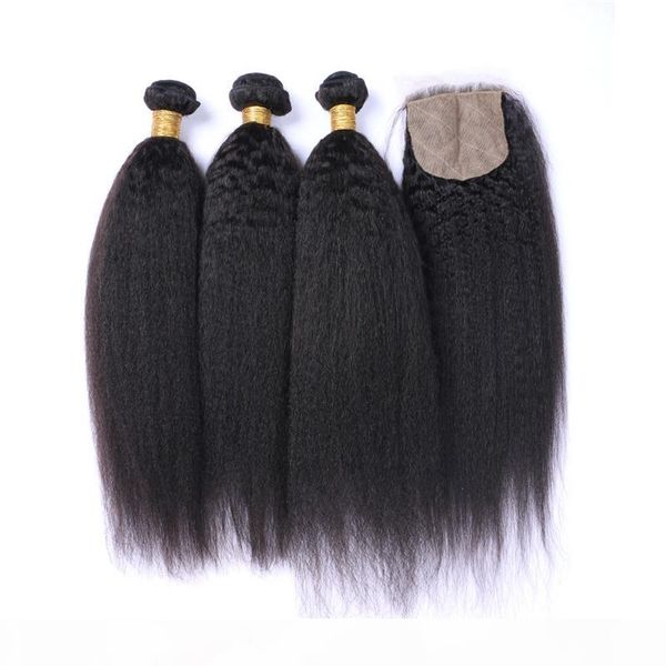 

new arrival 9a kinky straight 9a human hair with closure 3pcs unprocessed coarse yaki hair weaves with closure natural color italian yaki, Black