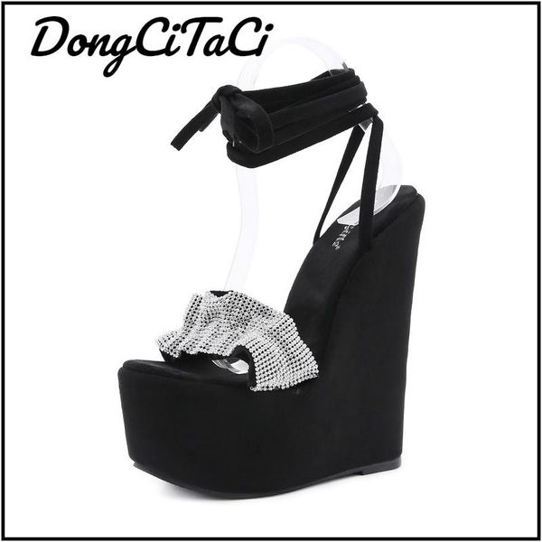 

sandals dongcitaci summer women crystal roman wedges heels peep-toe platform cross tied shoes woman, Black