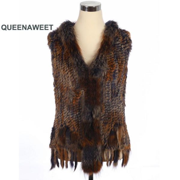 

women's fur & faux vest real classical knit gilet with raccoon collar and tassles women coat multi-color jacket, Black