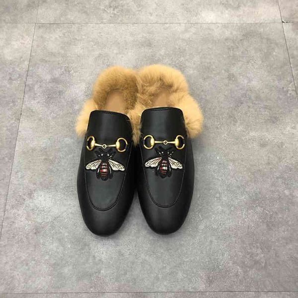 

flat british ladies wool leather shoes embroidered warmth velvet muller shoe horsebit buckle baotou half slippers retro heels sneakers, Black