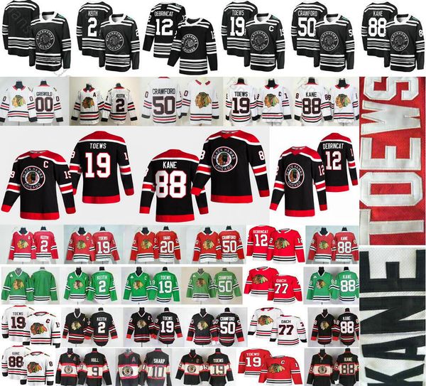 

2021 reverse retro black chicago blackhawks 19 jonathan toews 88 patrick kane alex debrincat clark griswold keith crawford kirby dach jersey, Black;red