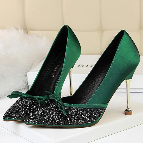 

dress shoes 2021 women 10cm high heels lady fetish sequins scarpins satin bowknot pumps female green nightclub party burgundy glitter, Black