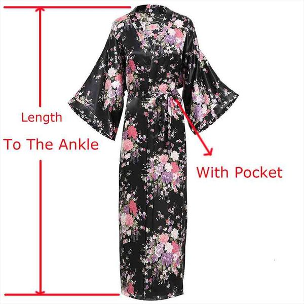

rayon satin lady long robe print flower kimono bathrobe casual sleepwear home clothes plus size bride bridesmaid dressing gown, Black;red