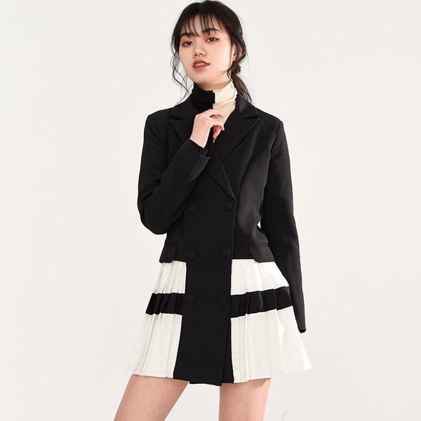 

black white women pleated long blazer new lapel long sleeve loose fit jacket fashion tide spring autumn 2021 1t30701, White;black