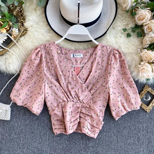 

women's blouses & shirts women chiffon skinny shirt short puff sleeve v-neck broken flower print ruffles trend 2021 elegant casual blou, White