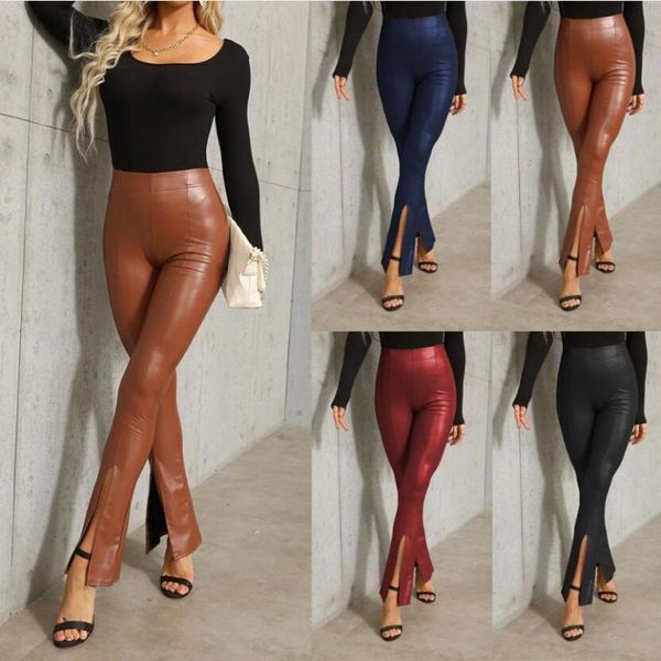 

women's leggings high waist women pu leather push up slim for flare pants, Black