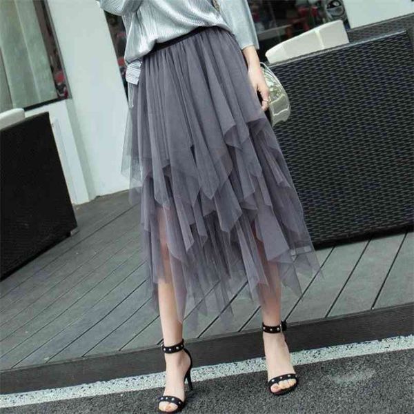 

summer korean elastic high waist slimming simple irregular mesh skirt all-match casual women tutu 210527, Black