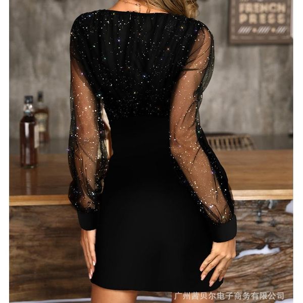 

casual dresses wepbel v-neck sheath dress elegant slim mesh gold women black long sleeve solid color mini bodycon party, Black;gray