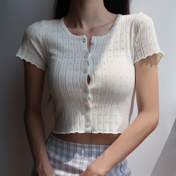

women o neck button through crop with lettuce trim 210315, White