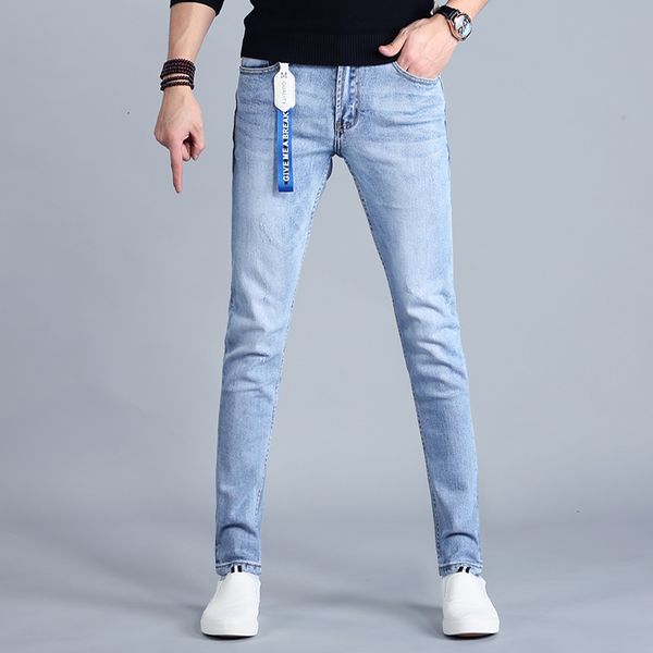 

2021 korean style blue light male jeans denim fine fit pencil pants t3rh, White;black