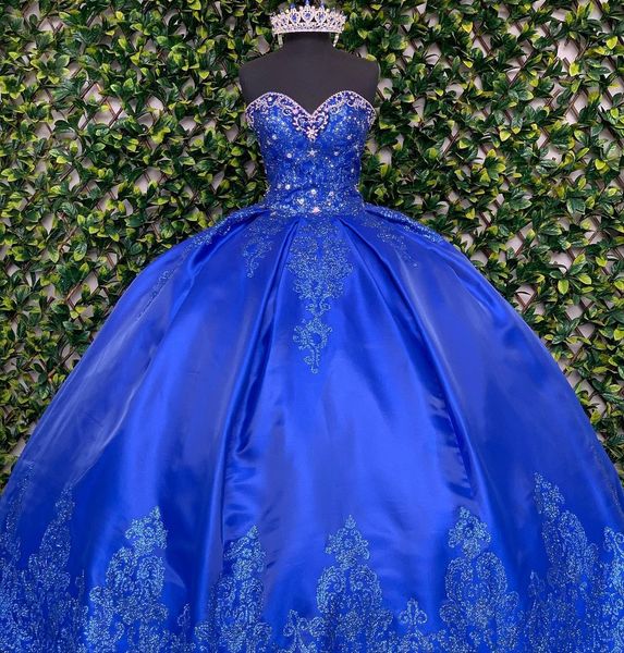 

fashion royal blue 2022 ball gown quinceanera prom dresses satin sweetheart lace crystal beaded applique corset back formal vestiod de 15 an, Blue;red