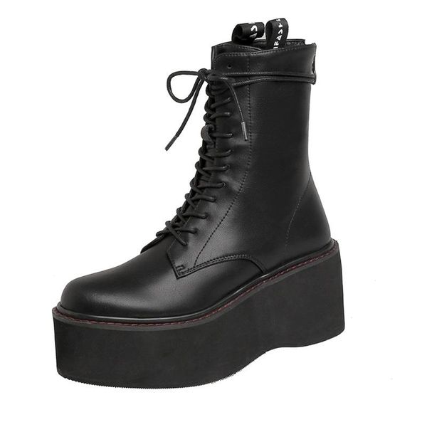 

boots 2021 brand autumn genuine leather women riding shoes wedges high heels platform black white ankle big size 34-43