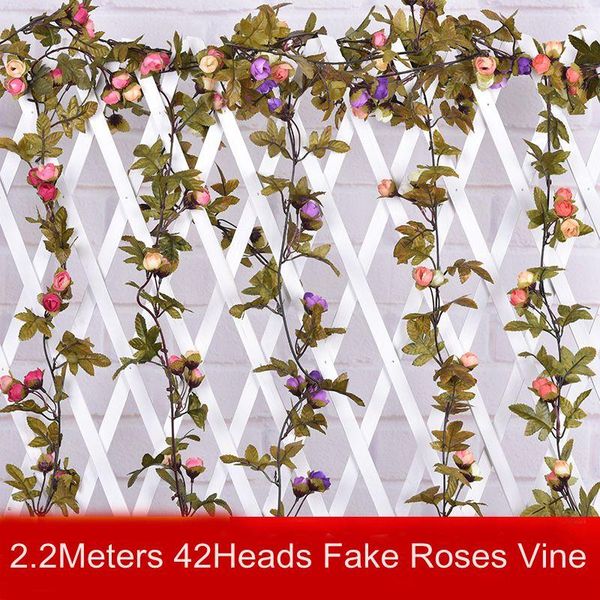 

decorative flowers & wreaths 2.2m 42heads artificial roses with green leaves fake vine wedding birthday party home garden fence decoration r
