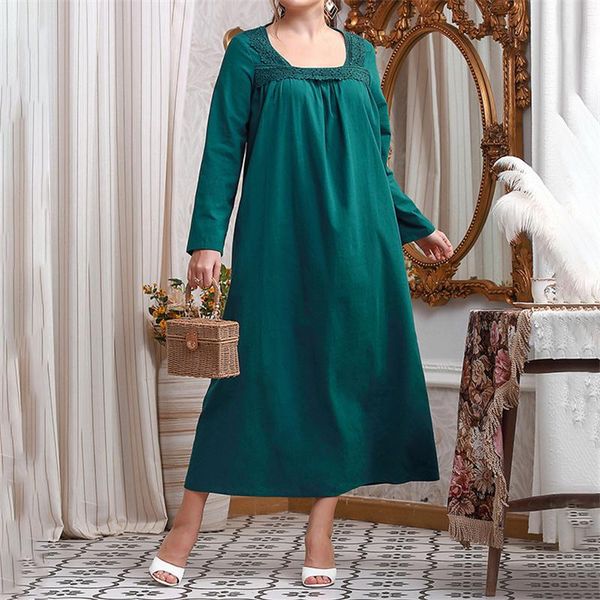 

plus size dresses loose oversized dress women autumn lace square collar long sleeve solid casual green big, Black