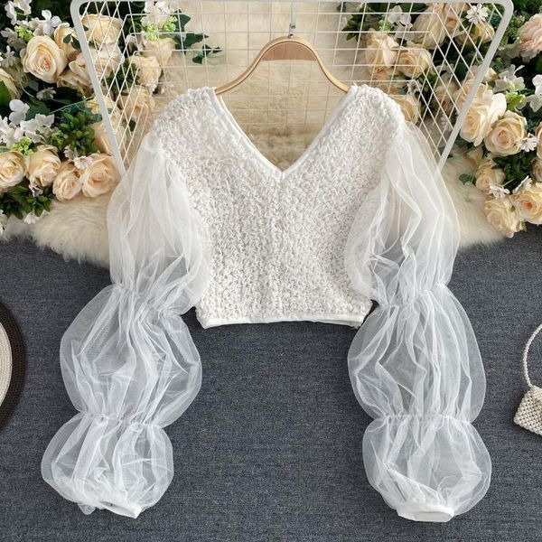 

mesh long puff sleeves 2021 new fashion women's pleated chiffon short holiday shirt v neck elegant blouse n745, White