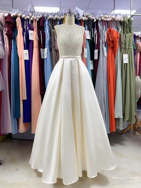 

party dresses creamy white long satin evening dress 2021 o-neck sleeveless bronzing trailing luckgirls customizable prom mocini tailor, White;black