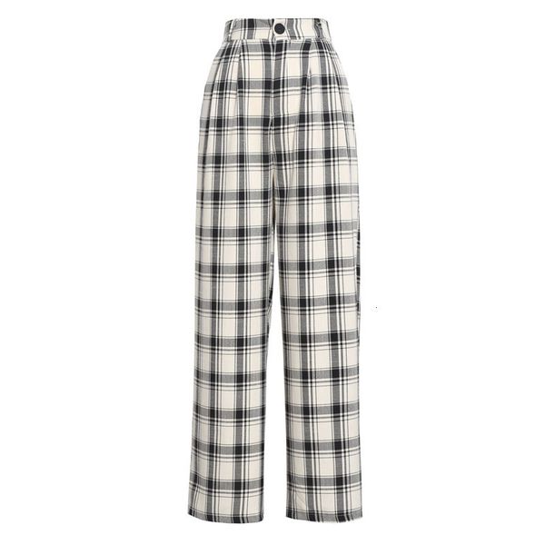 

2021 england stylish plaid black white elastic high waisted wide leg pants women loose cotton elegant office lady fashion trouser dz9e