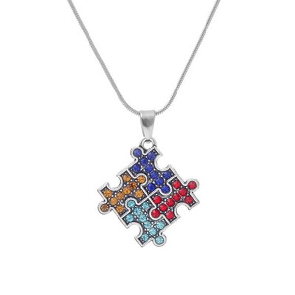 

pendant necklaces multicolor enamel crystal paved necklace fashion jewelry autism awareness jigsaw puzzle piece for women girls, Silver