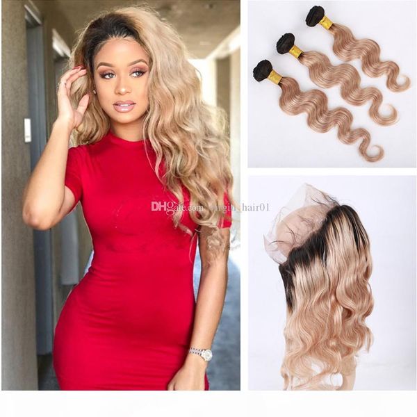 

two tone human hair 3 bundles with honey blonde 360 lace frontal closure 1b 27 strawberry blonde brazilian virgin hair with 360 closure, Black;brown