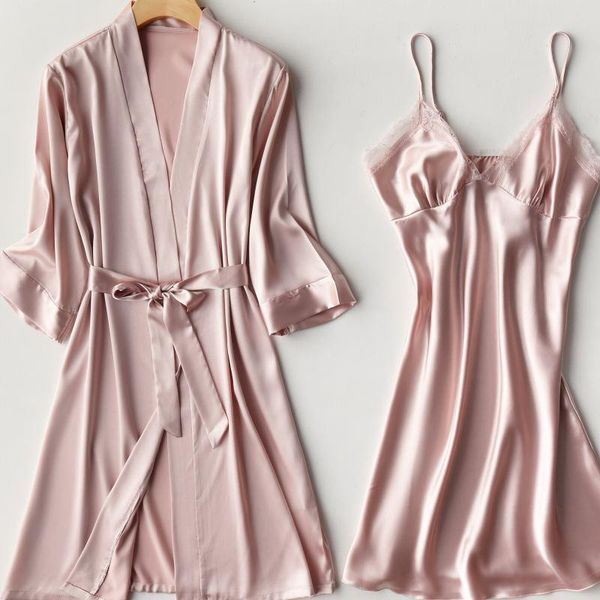 

women's sleepwear women satin kimono bathrobe gown lace patchwork 2pcs sleep set intimate lingerie silky nightwear summer nightgown, Black;red