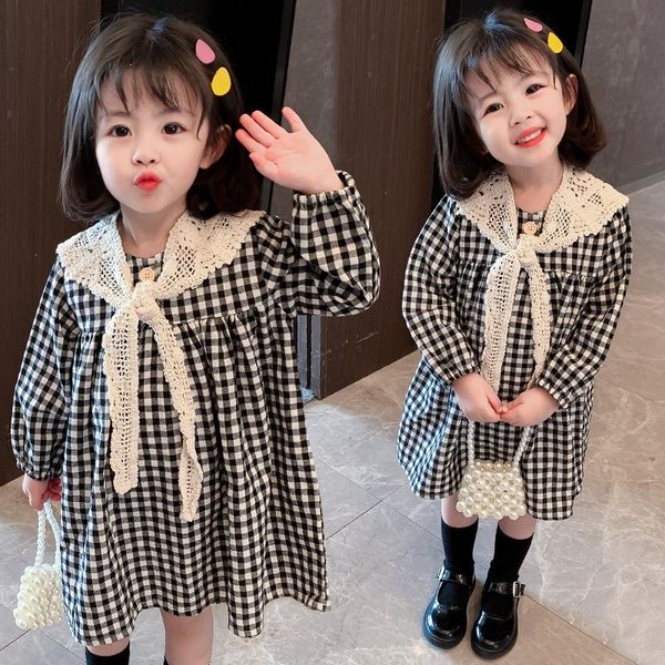 

girl's dresses fashion girls plaid dress cute lace collar princess baby casual long sleeve toddler girl 1-6 year old kids clothes, Red;yellow