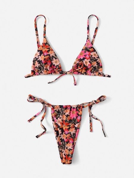 

floral print halter triangle thong bikini swimsuit 02lj#, White;black