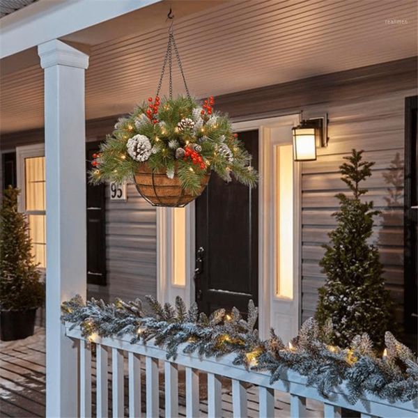 

christmas decorations artificial hanging basket flocked with mixed and white led lights ornament xmas decor