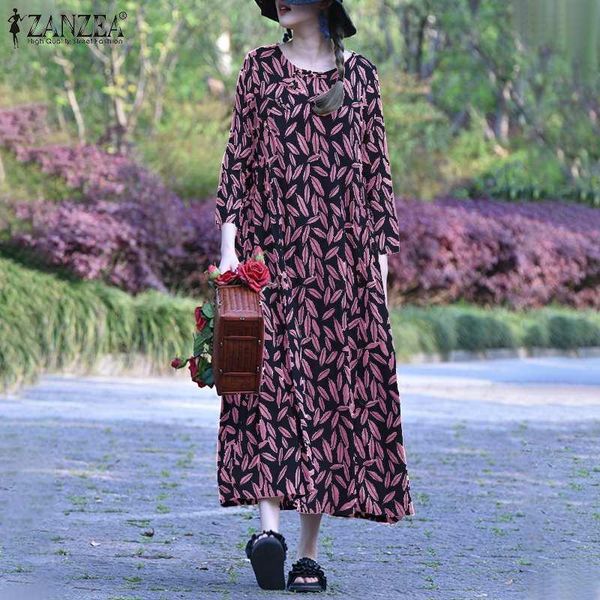 

casual dresses vintage printed maxi dress women's spring sundress zanzea 2021 long sleeve vestidos female o neck robe plus size 5xl, Black;gray
