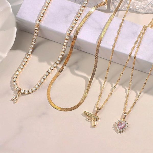 

chains punk multi layered full crystals heart letter tennis chain necklace for women golden pistol twist pendant jewelry, Silver