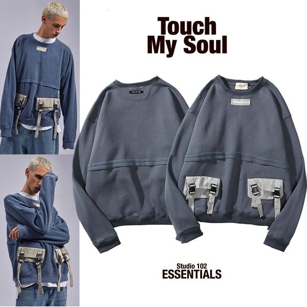 

leisure fashion fog high street kanye's same multi pocket stitched plush sweater ins street trend hip hop loose round neck, Black