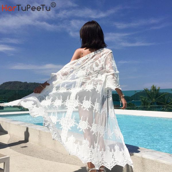 

women's swimwear bohemia beach dress midi women summer 2021 loose long cover up perspective voile patchwork lace floral embroidery holi, White;black