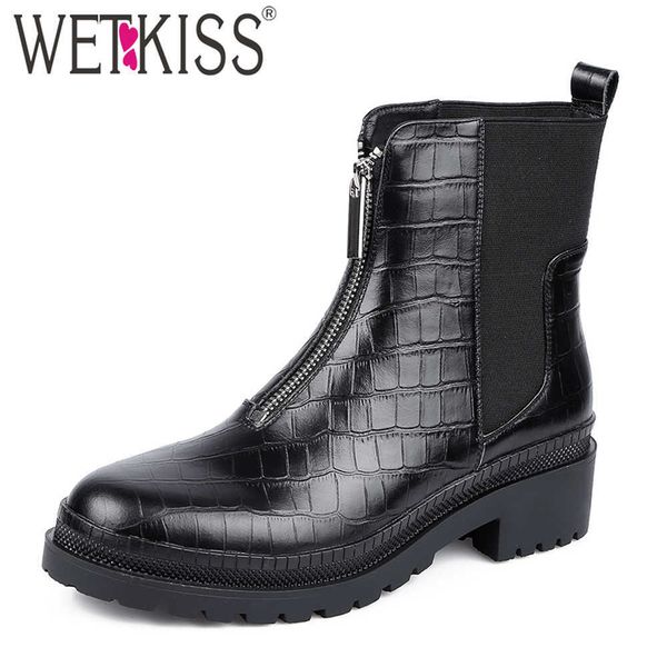 

wetkiss embossed leather ankle boots women elastic front zipper shoes woman chunky heel booties platform skid proof autumn shoe 210630, Black