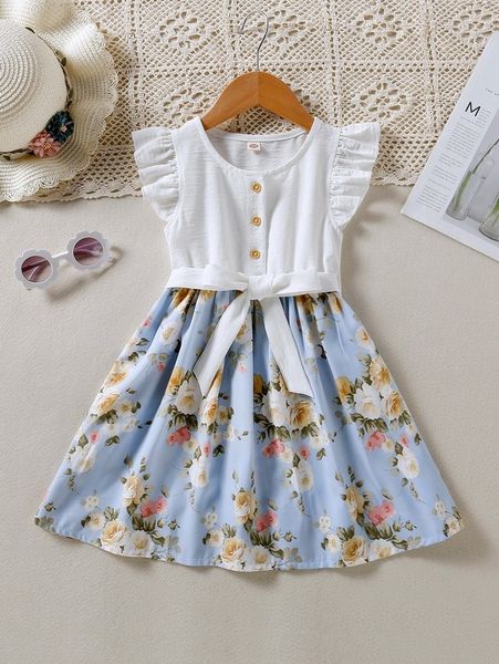 

toddler girls floral print ruffle trim belted dress she, Red;yellow