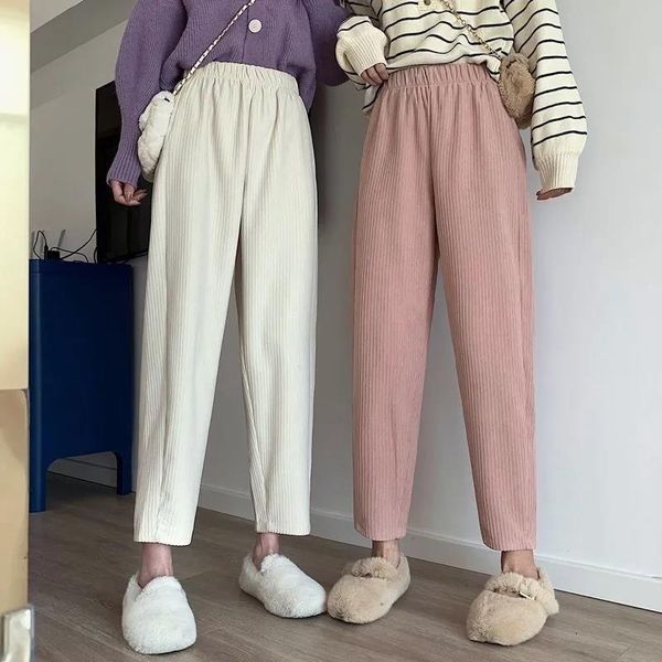 

women's pants & capris woman spring autumn corduroy harlan pant high waist loose students korean fashion elastic women clothes, Black;white