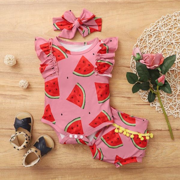 

#5 2021 summer new arrival infant baby girls ruffle watermelon outfits toddler jumpsuit print romper bodysuit tassels shorts, White