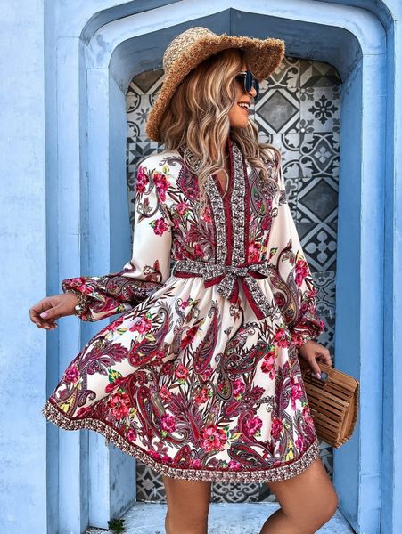 

floral & paisley print lantern sleeve belted dress g0yu#, Black;gray