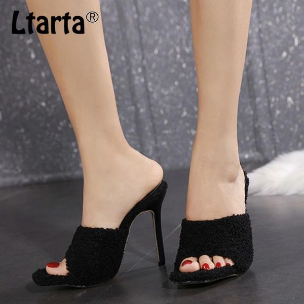 

hoksvzy summer fashion square head hairy slippers stiletto open toe sandals outdoor leisure large size women's shoes zl, Black