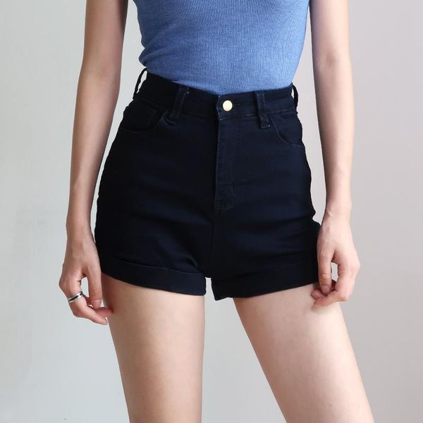 

women's white black solid high waist jeans shorts elastic waist vintage harajuku biker sports cycling denim shorts summer 2021